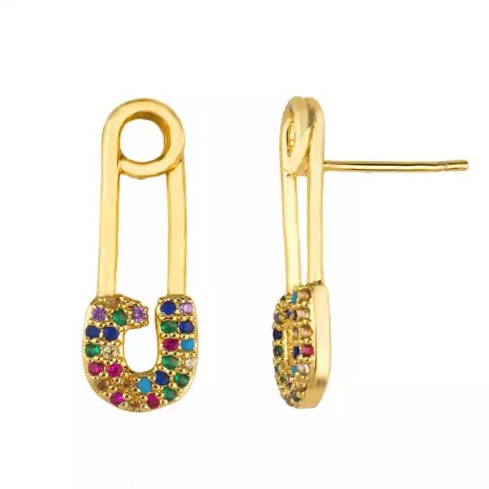 18K Gold Plated Safety Pin Stud Earrings - Multicolor Cubic Zirconia - 21mm x 8m